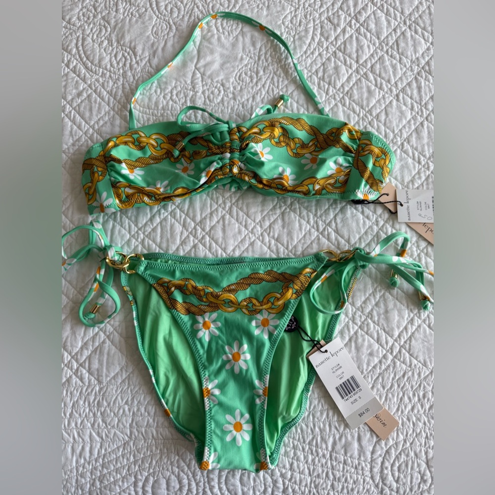 NWT Nanette Lepore Mint Green Bikini with Floral and Chain Design